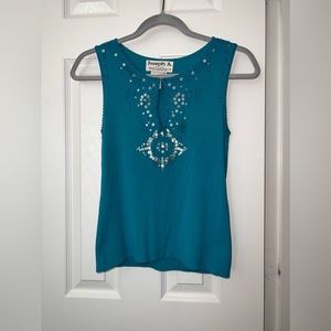 Joseph A Teal Beaded Keyhole Top, Size S